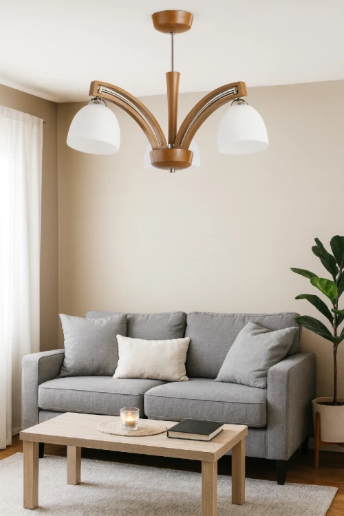 Lampa sufitowa MAGNAT 3xE27 Alfa 21383 to elegancka oprawa w kolorze jasnego brązu z białymi kloszami. Wykonana z drewna, stali i szkła, doskonale pasuje do salonu, jadalni i sypialni. Ponadczasowy styl i 3 źródła światła E27