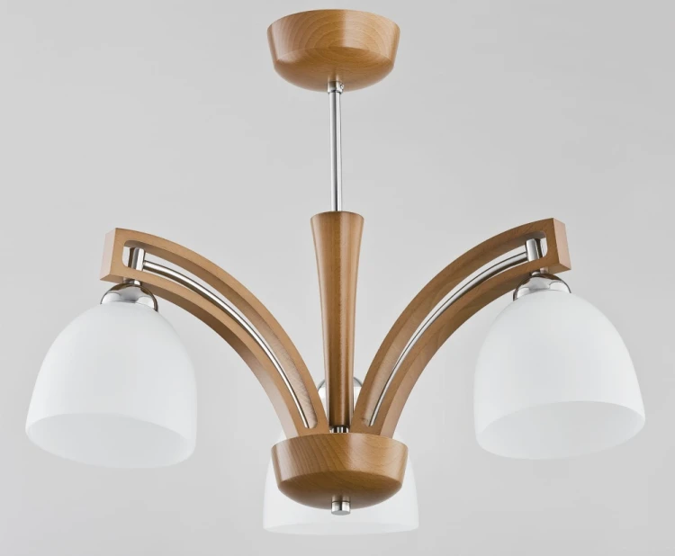 Drewniana lampa sufitowa MAGNAT 3xE27 Alfa 21383 łączy elegancję i funkcjonalność. Jasny brąz i białe klosze tworzą ciepły klimat w salonie lub sypialni. Wykonana z drewna, stali i szkła, gwarantuje trwałość.