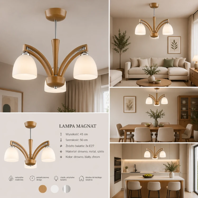 Drewniana lampa sufitowa MAGNAT 3xE27 Alfa 21383 łączy elegancję i funkcjonalność. Jasny brąz i białe klosze tworzą ciepły klimat w salonie lub sypialni. Wykonana z drewna, stali i szkła, gwarantuje trwałość.
