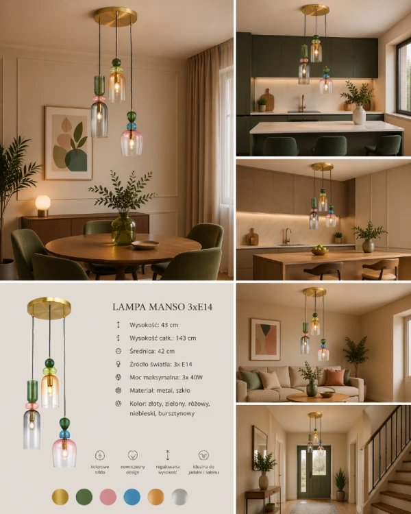 Nowoczesna lampa sufitowa MANSO Italux z kolorowymi kloszami ze szkła i złotą oprawą. Trzy źródła światła E14 zapewniają dobre oświetlenie, a wyjątkowy design idealnie pasuje do wnętrz glamour i modern.
