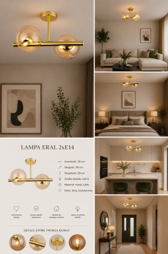 Nowoczesny plafon ERAL 2xE14 z bursztynowymi kulami i złotą konstrukcją to stylowe oświetlenie do domu. Doskonały do niższych pomieszczeń, zapewnia nastrojowe światło i elegancki wygląd.