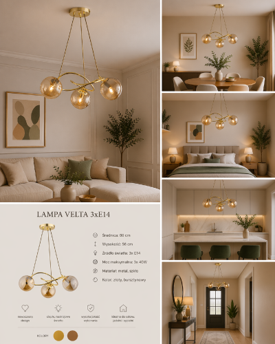 Nowoczesna lampa VELTA 3xE14 z bursztynowymi kloszami i złotą konstrukcją to elegancki dodatek do wnętrza. Doskonała do salonu, sypialni i kuchni, zapewnia przytulne i równomierne oświetlenie.
