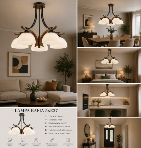 BAFIA 5xE27 to stylowa lampa sufitowa z drewnianymi elementami i szklanymi kloszami. Doskonała do wnętrz klasycznych i nowoczesnych. 5 punktów światła zapewnia komfortowe oświetlenie pomieszczenia.