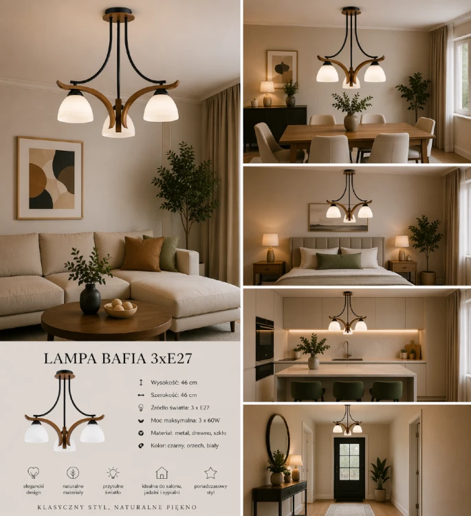 BAFIA 3xE27 to stylowa lampa sufitowa z drewna, metalu i szkła. Doskonała do wnętrz klasycznych i nowoczesnych. Trzy punkty światła zapewniają komfortowe oświetlenie i ciepły klimat.
