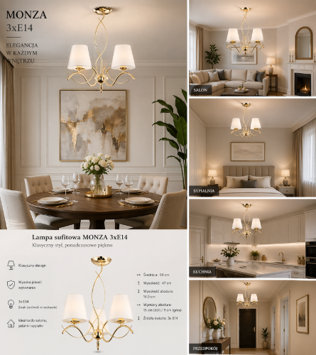 Żyrandol MONZA 3xE14 to elegancka propozycja w klasycznym stylu. Błyszczące złoto i białe abażury tworzą luksusowy efekt, idealny do salonu, jadalni czy sypialni. Miękkie światło i dekoracyjne ramiona podkreślają wyjątkowy charakter wnętrza.