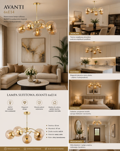 Nowoczesna lampa AVANTI 6xE14 z bursztynowymi kloszami i złotą konstrukcją to stylowy wybór do wnętrza. Doskonała nad stół, do salonu i kuchni, tworzy przytulny klimat i równomierne oświetlenie.