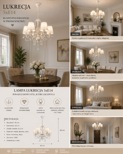 Lampa sufitowa LUKRECJA 5pł Alfa 21065 w kolorze białym antycznym to elegancki żyrandol z abażurem i kryształkami. Wykonana ze stali, doskonała do salonu, jadalni czy sypialni. 5xE14 40W, IP20, gwarancja 2 lata