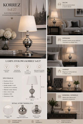 Lampa stołowa KORREZ Italux TB-6620-1 łączy klasykę z elegancją. Chrom i biały abażur tworzą ponadczasowy design. Źródło światła E27, wysokość 62 cm, IP20.