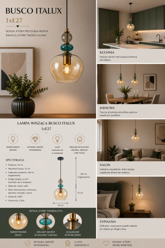 Nowoczesna lampa BUSCO 1xE27 z bursztynowym szkłem i eleganckimi detalami to idealny wybór nad stół lub wyspę kuchenną. Zapewnia nastrojowe światło i wyjątkowy wygląd wnętrza.