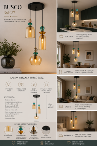 BUSCO 3xE27 to stylowa lampa wisząca z dekoracyjnymi, szklanymi detalami. Bursztynowe klosze i złote wykończenie nadają wnętrzu elegancji. Doskonała nad stół i do nowoczesnych aranżacji.