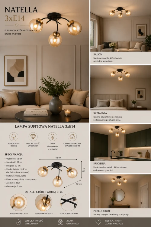 Lampa Alfa 63050 NATELLA z trzema punktami świetlnymi, metalową podstawą w złocie antycznym i bursztynowymi kloszami, doskonała do klasycznych aranżacji.