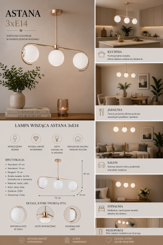 Nowoczesna lampa ASTANA WHITE Alfa 63085 zachwyca złotym wykończeniem i mlecznobiałymi kulami. Doskonała do wnętrz glamour, modern, japandi i loft soft. Trzy punkty światła E14 zapewniają komfortowe, nastrojowe oświetlenie.