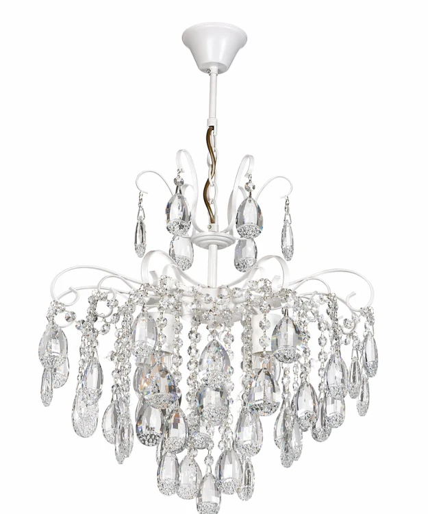 Żyrandol kryształowy GRAZIA 4xE27 Venti to elegancka lampa sufitowa w kolorze białym. Kryształowe zdobienia pięknie odbijają światło, tworząc luksusowy klimat. Idealny do salonu, jadalni i sypialni.