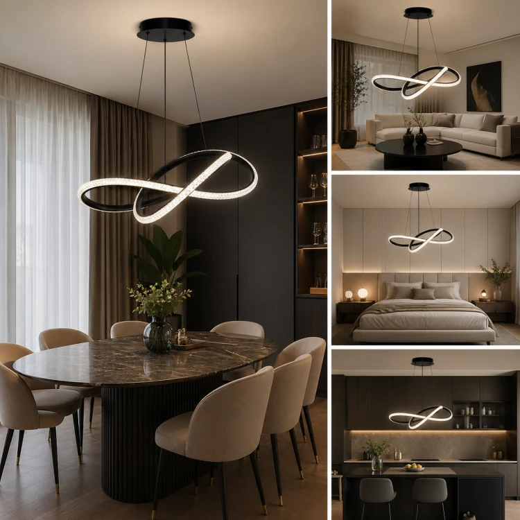 Lampa ALMERA LED 32W to eleganckie oświetlenie z przenikającymi się ringami w czarnym wykończeniu. Strumień 3580 lm i regulacja barwy światła CCT gwarantują komfort użytkowania. Idealna do nowoczesnych wnętrz – salonu, sypialni i jadalni.