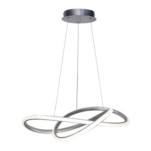 Nowoczesna lampa wisząca ALMERA 32W LED w srebrnym wykończeniu zachwyca formą przenikających się ringów i efektem kryształków. Moc 3580 lm oraz funkcja CCT (3000K/4000K/6000K) zapewniają idealne oświetlenie do salonu, jadalni lub kuchni.