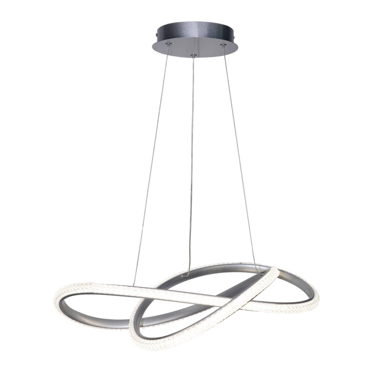 Nowoczesna lampa wisząca ALMERA 32W LED w srebrnym wykończeniu zachwyca formą przenikających się ringów i efektem kryształków. Moc 3580 lm oraz funkcja CCT (3000K/4000K/6000K) zapewniają idealne oświetlenie do salonu, jadalni lub kuchni.