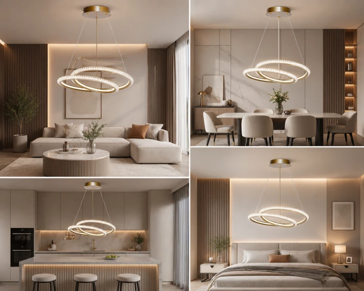 Designerska lampa wisząca KORTIA 35W LED to stylowe oświetlenie do salonu, kuchni i sypialni. Złote ringi i efekt kryształków tworzą wyjątkowy klimat, a funkcja CCT umożliwia dopasowanie barwy światła.