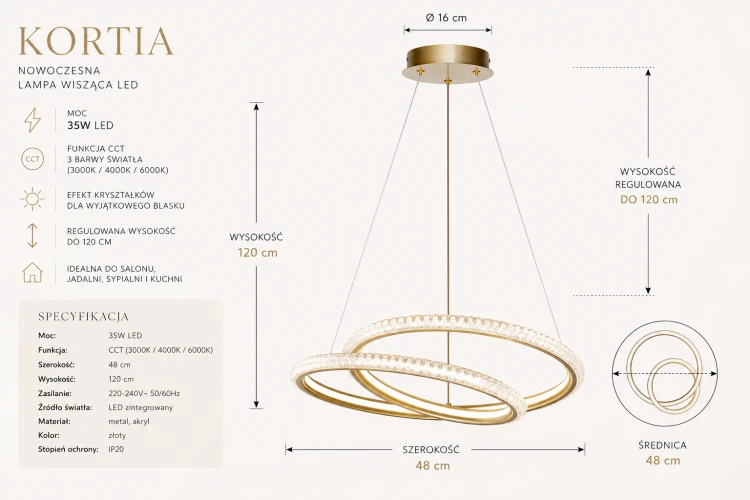 Lampa LED KORTIA 35W złota to połączenie elegancji i funkcjonalności. Strumień 3160 lm, regulowana wysokość do 120 cm oraz 3 barwy światła CCT sprawiają, że idealnie nadaje się do nowoczesnych wnętrz