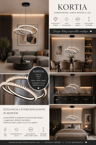 Nowoczesna lampa KORTIA LED 35W w czarnym kolorze zachwyca elegancką formą i efektem kryształków. Jasność 3160 lm oraz możliwość wyboru barwy światła CCT sprawiają, że świetnie sprawdzi się w każdym wnętrzu.