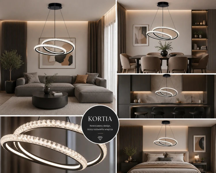 Designerska lampa wisząca KORTIA 35W LED czarna to stylowe oświetlenie do salonu, kuchni i sypialni. Nowoczesne ringi i efekt kryształków tworzą wyjątkowy klimat, a funkcja CCT umożliwia dopasowanie barwy światła.