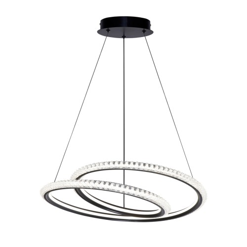 Lampa wisząca KORTIA 35W LED czarna to nowoczesne oświetlenie z efektownymi ringami i kryształowym wykończeniem. Strumień 3160 lm oraz funkcja CCT (3000K/4000K/6000K) zapewniają idealne światło do salonu, jadalni i sypialni.