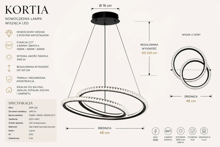 Lampa LED KORTIA 35W czarna to połączenie elegancji i funkcjonalności. Strumień 3160 lm, regulowana wysokość do 120 cm oraz 3 barwy światła CCT sprawiają, że idealnie pasuje do nowoczesnych wnętrz.