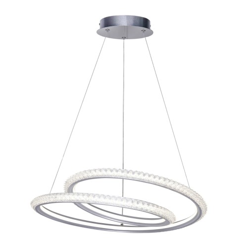 Lampa wisząca KORTIA 35W LED srebrna to nowoczesne oświetlenie z efektownymi ringami i kryształowym wykończeniem. Strumień 3160 lm oraz funkcja CCT (3000K/4000K/6000K) zapewniają idealne światło do salonu i jadalni.