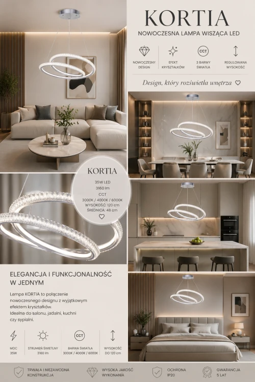Designerska lampa wisząca KORTIA 35W LED srebrna to stylowe oświetlenie do salonu, kuchni i sypialni. Nowoczesne ringi i efekt kryształków tworzą wyjątkowy klimat, a funkcja CCT daje pełną kontrolę nad światłem.