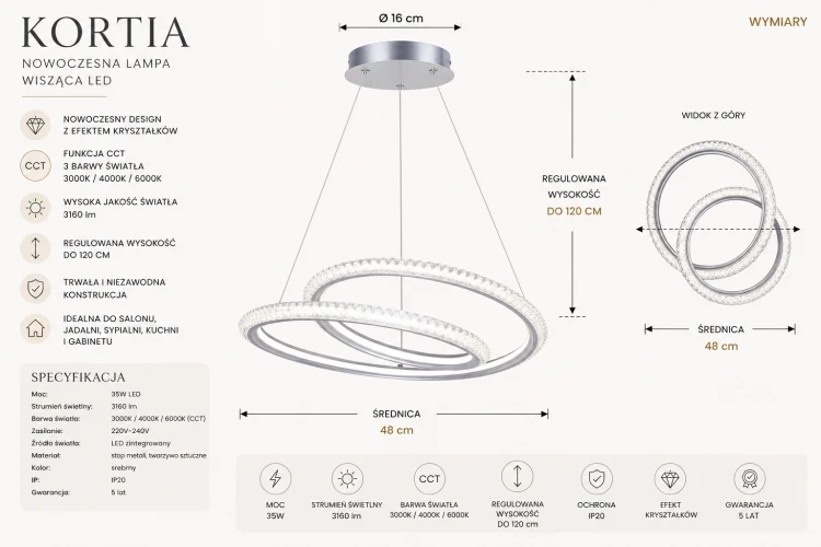 Lampa LED KORTIA 35W srebrna to połączenie elegancji i funkcjonalności. Strumień 3160 lm, regulowana wysokość do 120 cm oraz 3 barwy światła CCT czynią ją idealną do nowoczesnych wnętrz.