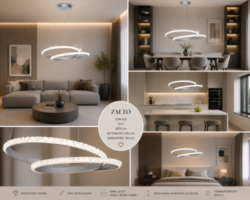 Nowoczesna lampa ZALTO LED 32W w srebrnym kolorze zachwyca elegancką formą i efektem kryształków. Jasność 2870 lm oraz możliwość wyboru barwy światła CCT sprawiają, że doskonale sprawdzi się w każdym wnętrzu.