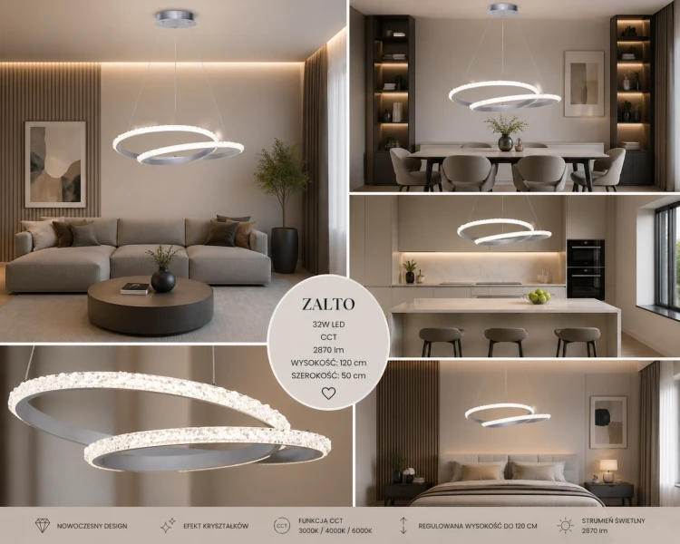 Nowoczesna lampa ZALTO LED 32W w srebrnym kolorze zachwyca elegancką formą i efektem kryształków. Jasność 2870 lm oraz możliwość wyboru barwy światła CCT sprawiają, że doskonale sprawdzi się w każdym wnętrzu.