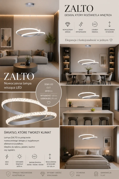 Designerska lampa wisząca ZALTO 32W LED srebrna to stylowe oświetlenie do salonu, kuchni i sypialni. Nowoczesne ringi i efekt kryształków tworzą wyjątkowy klimat, a funkcja CCT pozwala dopasować barwę światła.