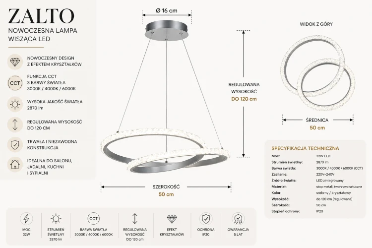 Lampa LED ZALTO 32W srebrna to połączenie elegancji i funkcjonalności. Strumień 2870 lm, regulowana wysokość do 120 cm oraz 3 barwy światła CCT czynią ją idealnym wyborem do nowoczesnych wnętrz.