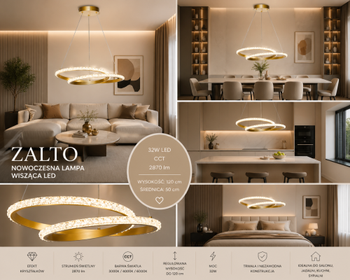 Nowoczesna lampa ZALTO LED 32W w kolorze złotym zachwyca designerską formą i subtelnym efektem kryształków. Jasność 2870 lm oraz regulacja barwy światła CCT sprawiają, że pasuje do każdego wnętrza.