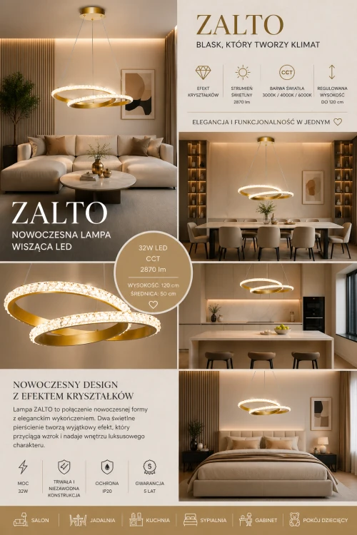 Stylowa lampa wisząca ZALTO 32W LED złota to idealne oświetlenie do salonu i sypialni. Nowoczesne ringi i dekoracyjny efekt świetlny tworzą wyjątkowy klimat, a funkcja CCT pozwala dopasować barwę światła.