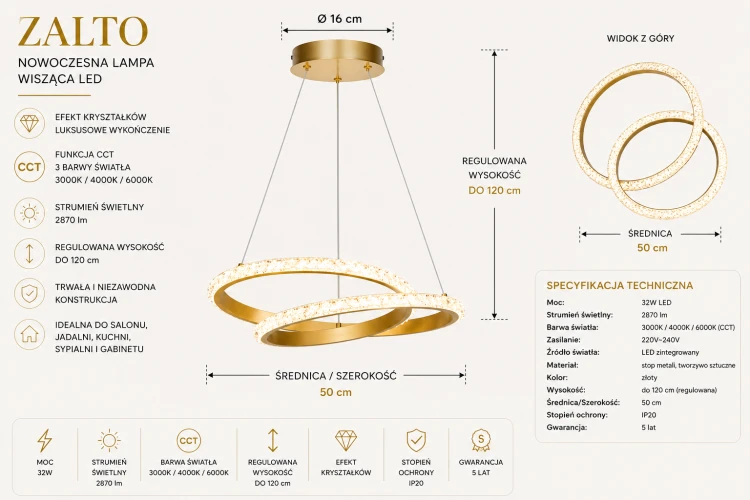 Lampa LED ZALTO 32W złota łączy elegancję z funkcjonalnością. Strumień 2870 lm, regulowana wysokość do 120 cm oraz 3 barwy światła CCT czynią ją idealnym wyborem do nowoczesnych aranżacji.