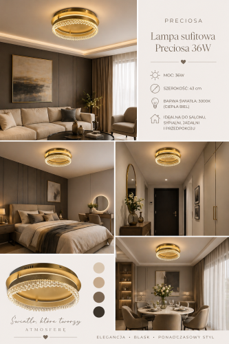 Lampa sufitowa PRECIOSA 36W LED w kolorze złotym (Brushed Gold) to elegancki plafon typu ring o średnicy 43 cm. Oferuje 2880 lm i neutralną barwę światła 4000K, idealną do salonu, sypialni i biura. Nowoczesny design i efektowny klosz z akrylu.