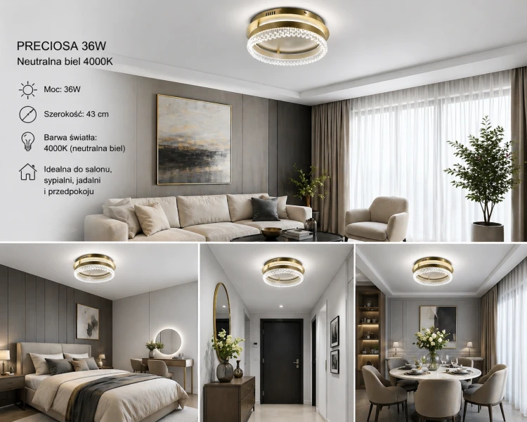 Nowoczesna lampa PRECIOSA 36W LED to stylowy plafon w kolorze ciemnego złota. Ring o szerokości 43 cm emituje jasne światło 4000K (2880 lm). Idealna do salonu, jadalni i gabinetu. Połączenie designu, funkcjonalności i energooszczędności LED.