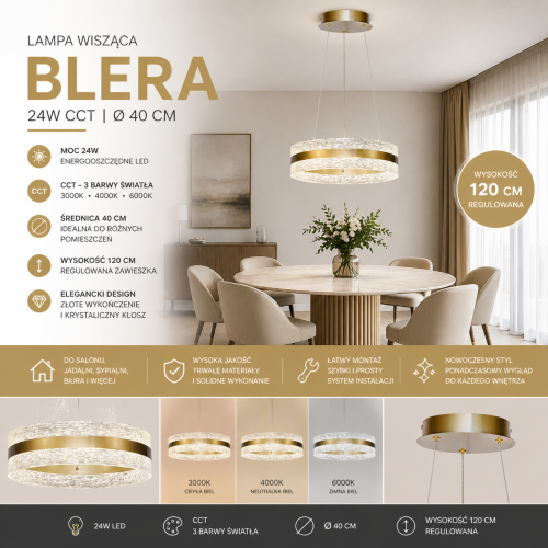 Nowoczesna lampa BLERA LED 24W to stylowe oświetlenie wiszące w kolorze złotym. Ring Ø40 cm z transparentnym kloszem emituje 1950 lm i umożliwia wybór 3 barw światła. Doskonała do wnętrz nowoczesnych i glamour – salonu, kuchni i biura.