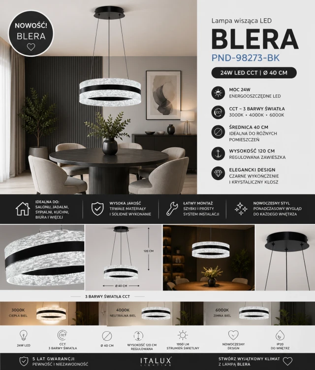 Nowoczesna lampa BLERA LED 24W w kolorze czarnym to stylowe oświetlenie wiszące z transparentnym kloszem. Ring Ø40 cm emituje 1950 lm i posiada regulację barwy światła CCT. Doskonała nad stół, do salonu, kuchni i biura.