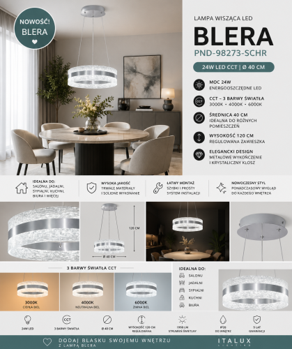 Nowoczesna lampa BLERA LED 24W srebrna to eleganckie oświetlenie wiszące z transparentnym kloszem. Ring 40 cm emituje 1950 lm i umożliwia wybór 3 barw światła. Doskonała nad stół, do salonu, biura i wnętrz minimalistycznych.
