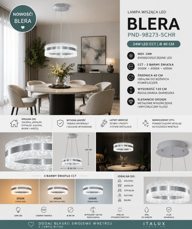 Nowoczesna lampa BLERA LED 24W srebrna to eleganckie oświetlenie wiszące z transparentnym kloszem. Ring 40 cm emituje 1950 lm i umożliwia wybór 3 barw światła. Doskonała nad stół, do salonu, biura i wnętrz minimalistycznych.