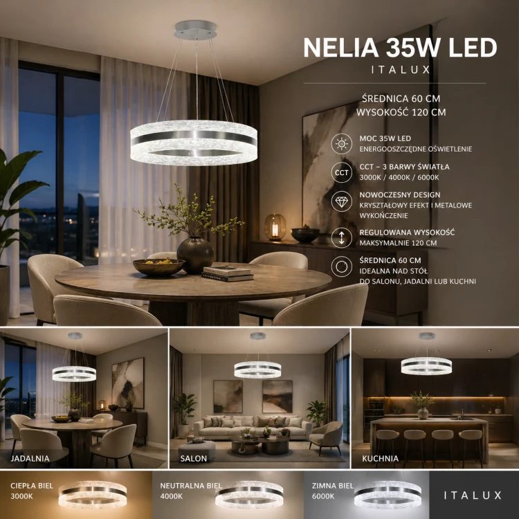 Nowoczesna lampa NELIA LED 35W srebrna to eleganckie oświetlenie wiszące z transparentnym kloszem. Ring 60 cm emituje 3350 lm i umożliwia wybór 3 barw światła. Doskonała nad stół, do salonu i przestrzeni open space.