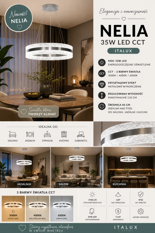 NELIA 35W LED to stylowa lampa wisząca typu ring w kolorze satynowego chromu. Średnica 60 cm, 3350 lm i funkcja CCT zapewniają mocne i komfortowe oświetlenie. Idealna do nowoczesnych wnętrz – salonu i jadalni.