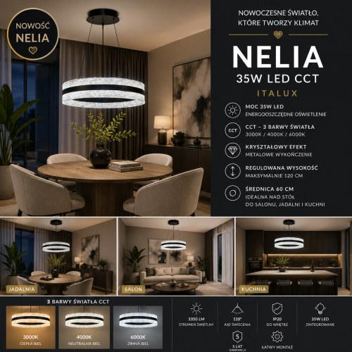 Nowoczesna lampa NELIA LED 35W w kolorze czarnym to eleganckie oświetlenie wiszące z transparentnym kloszem. Ring 60 cm emituje 3350 lm i posiada regulację barwy światła CCT. Doskonała nad stół, do salonu i przestrzeni open space.