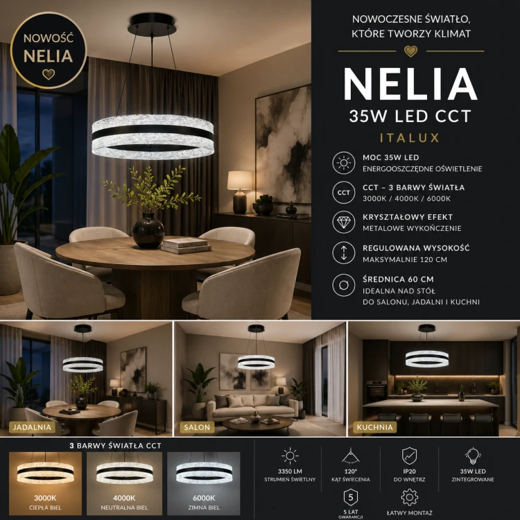 Nowoczesna lampa NELIA LED 35W w kolorze czarnym to eleganckie oświetlenie wiszące z transparentnym kloszem. Ring 60 cm emituje 3350 lm i posiada regulację barwy światła CCT. Doskonała nad stół, do salonu i przestrzeni open space.