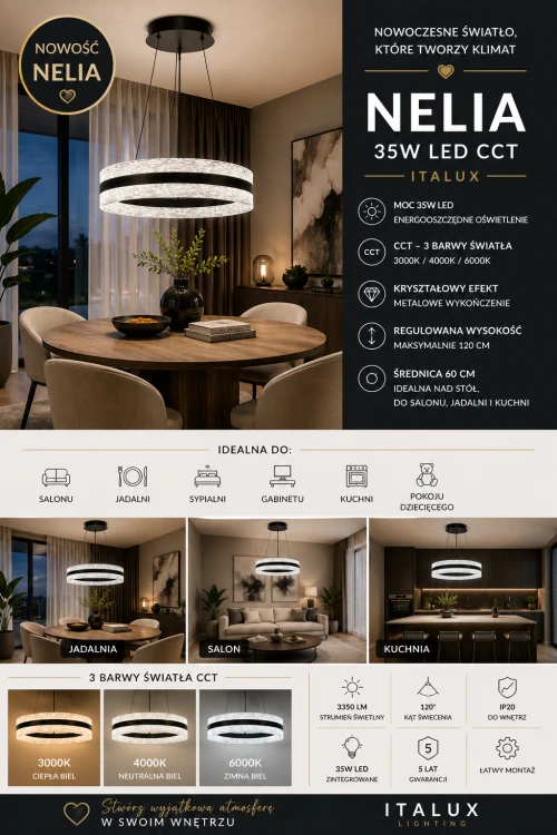 NELIA 35W LED to stylowa lampa wisząca typu ring w czarnym kolorze. Średnica 60 cm, 3350 lm i funkcja CCT zapewniają mocne i komfortowe oświetlenie. Idealna do nowoczesnych wnętrz – salonu, jadalni i sypialni.