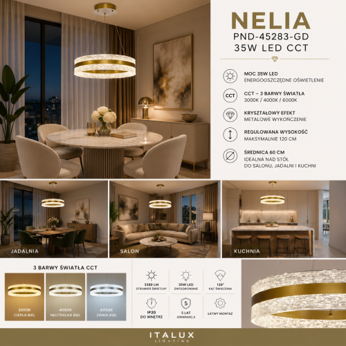 Nowoczesna lampa NELIA LED 35W w kolorze złotym to eleganckie oświetlenie wiszące z transparentnym kloszem. Ring 60 cm emituje 3350 lm i umożliwia wybór 3 barw światła. Doskonała nad stół, do salonu i sypialni.