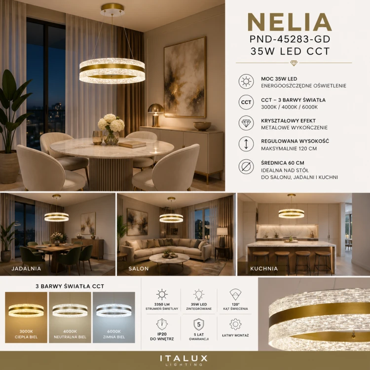 Nowoczesna lampa NELIA LED 35W w kolorze złotym to eleganckie oświetlenie wiszące z transparentnym kloszem. Ring 60 cm emituje 3350 lm i umożliwia wybór 3 barw światła. Doskonała nad stół, do salonu i sypialni.