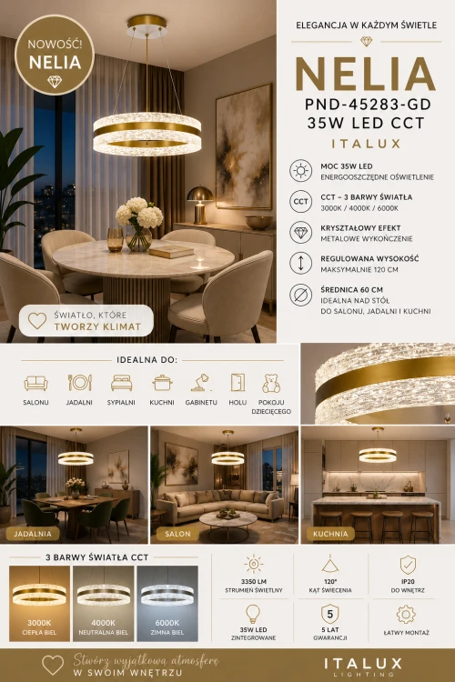 NELIA 35W LED to stylowa lampa wisząca typu ring w złotym kolorze. Średnica 60 cm, 3350 lm i funkcja CCT zapewniają mocne i komfortowe oświetlenie. Idealna do nowoczesnych wnętrz – salonu, jadalni i kuchni.